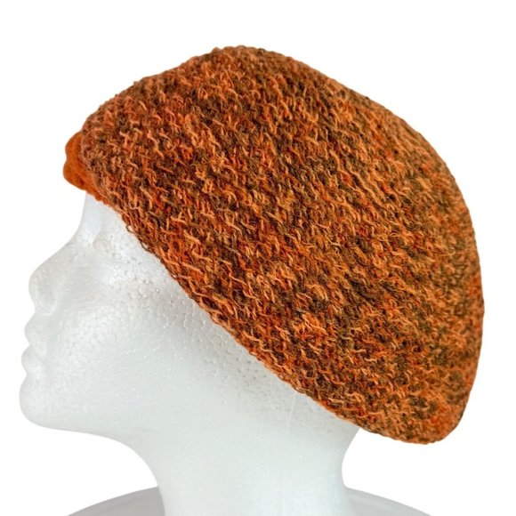 Everett Original Knitted Beret Hat VTG 70s Orange Brown Textured Wool Bow Retro - Picture 3 of 13